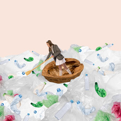 Contemporary art collage. Young girl sailing on walnut shell over huge amount of plastic bottles