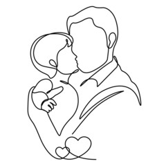Happy father's day continuous line art illustration for celebration. Father carrying his child kissing. One line drawing and contour style.