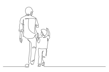 Father walking with son and holding hands line art vector illustration. One line drawing and continuous style
