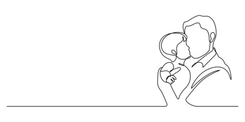 Happy father's day continuous line art illustration for celebration. Father carrying his child kissing. One line drawing and contour style.