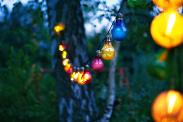 String of lights hanging on the tree. Garden party. Romantic place. Colorful light