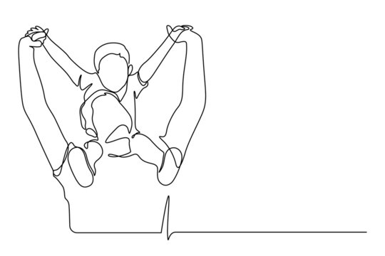 Father carrying son on shoulders with arm raised pose action line art vector illustration. One line drawing and continuous style