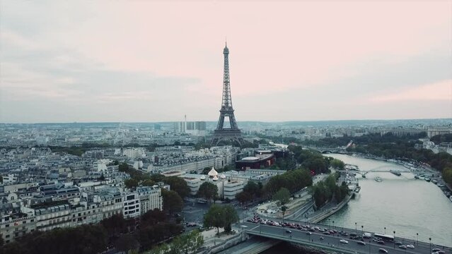 Eiffel tower in Paris, France Aerial footage after sunset.
