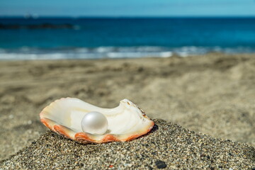 Beautiful pearl in the pearl shell on the sand beach. Sea and blue sky.