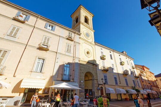 Acqui Terme, Piedmont - June 28, 2021: historic center of the city of Acqui Terme on a summer afternoon