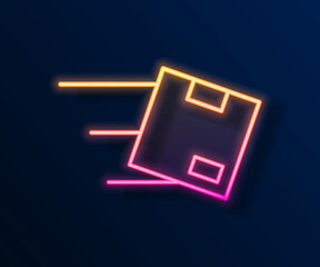 Glowing neon line Location with cardboard box icon isolated on black background. Delivery services, logistic and transportation, distribution. Vector