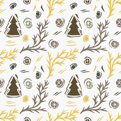 Festive Seamless vector pattern. Christmas tree, twigs and snowflakes. Gold, gray, brown pastel colors on a white background. Winter illustration for fabric design, packaging.  Happy New Year!