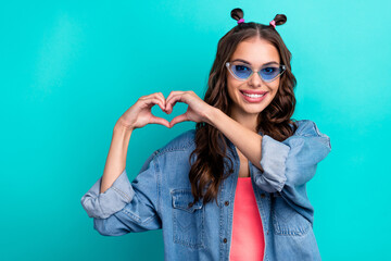 Photo of young lovely lady show fingers heart figure romantic dream isolated over teal color background