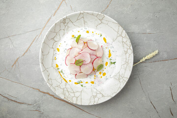 okroshka with radishes, cucumbers, herbs and yogurt on a gray table
