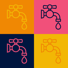 Pop art line Water tap icon isolated on color background. Vector