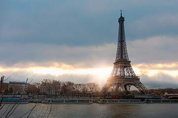 Fototapeta premium Paris Eiffel Tower and river Seine in Paris, France. Eiffel Tower is one of the most iconic landmarks of Paris