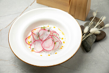 okroshka with radishes, cucumbers, herbs and yogurt on a gray table
