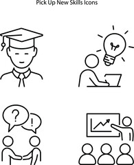 Upgrade your skills icons. Look for ways to develop new skills idea thin line illustration. Learn more new information.