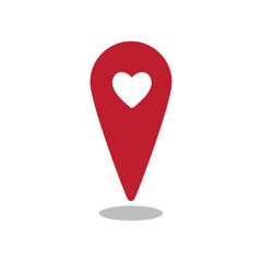 Vector Red location pin icon with heart shape love. Position marker isolated on white background. Pin map design element. Location symbol illustration