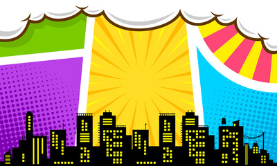 Colorful comic page background with city silhouette © anggi wibisono