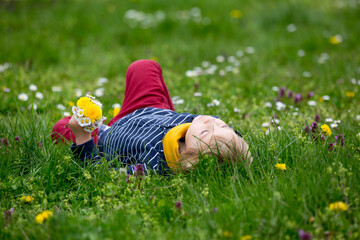 Beautiful toddler blond child, cute boy, lying in the grass