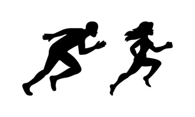 Fototapeta na wymiar A man runs after a woman, solid black vector icon illustration isolated on white background. Trendy flat, symbol, sign, used for: infographic, logo, mobile, app, banner, web, dev, ui, ux, gui. EPS 10