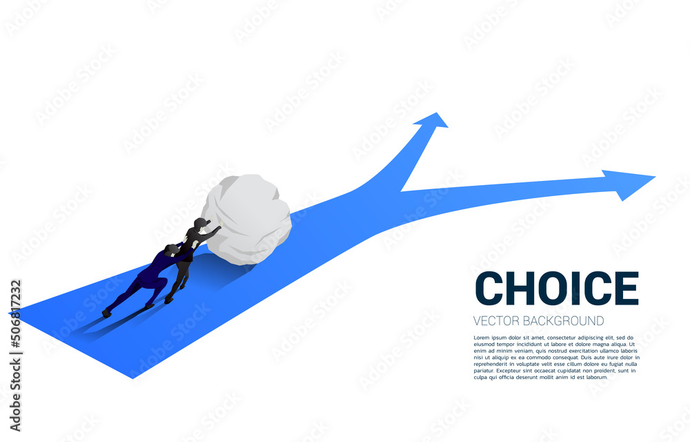 Poster silhouette of businessman rolling the rock to the crossroad. concept of time to make decision in bus