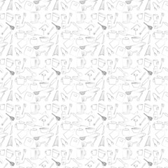 set of kitchen utensils. seamless pattern on white background. outline images