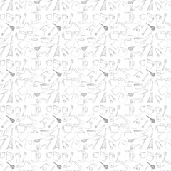 set of kitchen utensils. seamless pattern on white background. outline images