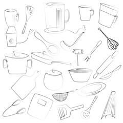 kitchenware. kitchen utensils. black and white graphics