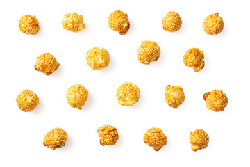 Close up of popcorn isolated on white background, top view - obrazy, fototapety, plakaty