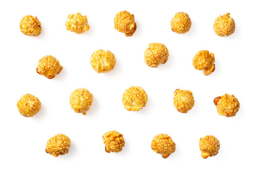 Close up of popcorn isolated on white background, top view