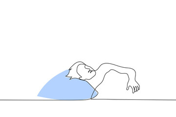 man lying in bed - one line drawing vector. a sleeping man is resting on a blue pillow, he covered himself with a blanket. concept of rest, sleep, insomnia, relaxation, daytime sleep, take a nap