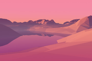 fantasie roze landschap, 3d laag poly illustratie