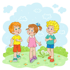 Two cheerful boys and one cute girl are walking and talking in the summer meadow. In cartoon style. Vector flat illustration.