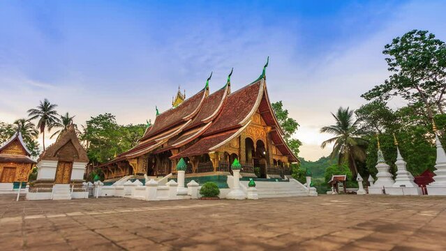 Xieng Thong Temple Landmark Travel Place Of Luang Prabang, Loas Day to Night Time Lapse (zoom in)