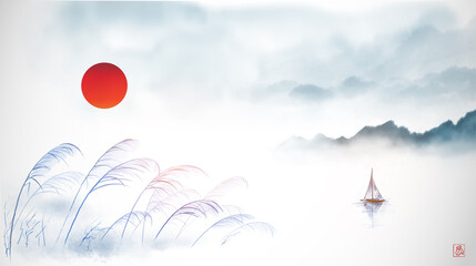 Seascape in oriental style with fishing sailboat in calm water, grass ion the wind and far misty mountains. Traditional oriental ink painting sumi-e, u-sin, go-hua. Translation of hieroglyph - wind © elinacious