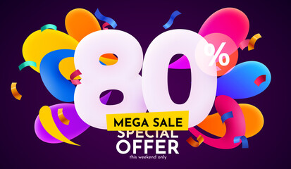 80 percent Off. Discount creative composition. 3d sale symbol with decorative objects. Sale banner and poster.