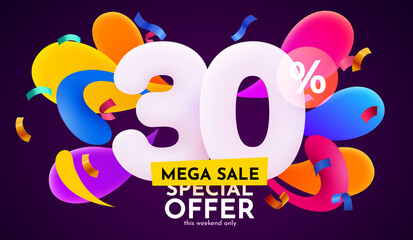 30 percent Off. Discount creative composition. 3d sale symbol with decorative objects. Sale banner and poster.
