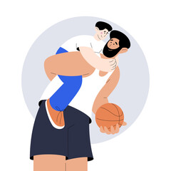 Sports family with ball. Father rolls son on his back. Brother is training to play basketball. Vector illustration in flat funny cartoon style. Men and boys basketball players. Isolated template