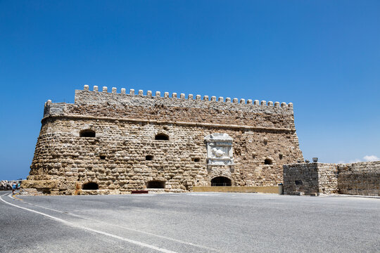 View of the medieval sea fortress of Kules in the city of Heraklion. Crete, Greece.