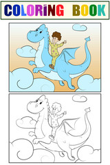 Fototapeta premium Set of coloring and color picture. Boy flies on a dragon in the sky.