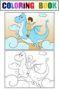 Set of coloring and color picture. Boy flies on a dragon in the sky.