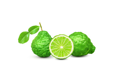 Bergamot fruit is cut in half and leaves split on a cut path white background.