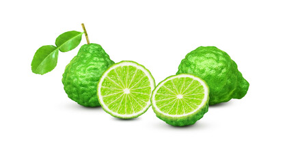 Bergamot fruit is cut in half and leaves split on a cut path white background.