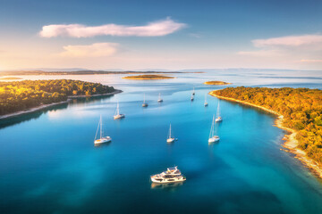 Aerial view of beautiful yachts and boats on the sea at sunset in summer. Adriatic sea, Kamenjak, Croatia. Top view of luxury yachts, sailboats, lagoon, clear blue water, and green forest. Travel - obrazy, fototapety, plakaty