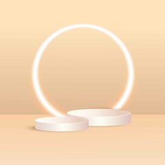 3D Podium. White pedestal in beige room with glowing light frame, showcase for products presentation and advertising. Empty round platform on pastel background with clouds, minimal design Vector