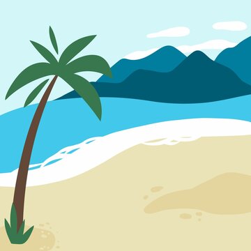 Seaside with palm. Sand, mountains and ocean, paradise landscape, summer vacation square card, travel background. Tropical resort poster or banner, vector beach illustration