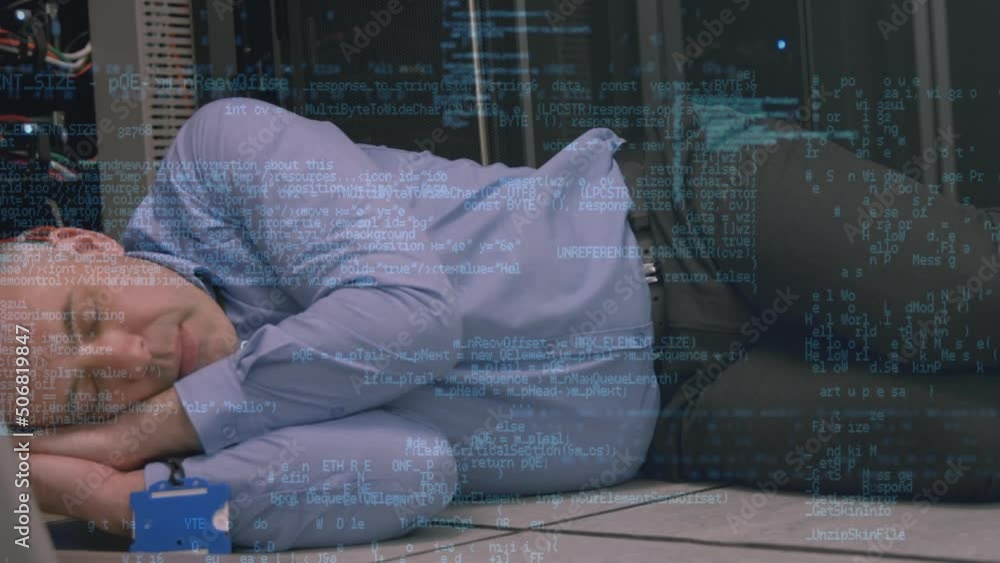 Aufkleber animation of data processing over sleeping caucasian male it technician and computer servers