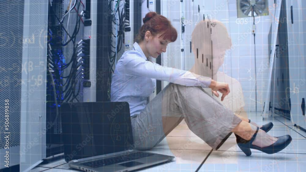 Poster animation of data processing over tired caucasian female it technician and computer servers