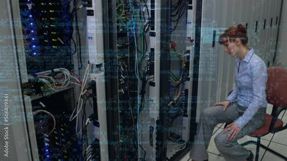Aufkleber animation of data processing over caucasian female it technician and computer servers