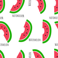 Seamless pattern with slice of watermelon with seeds in a simple flat style on white background and an inscription. Delicious summer season fruit with bite from human teeth. Fabric, paper print.