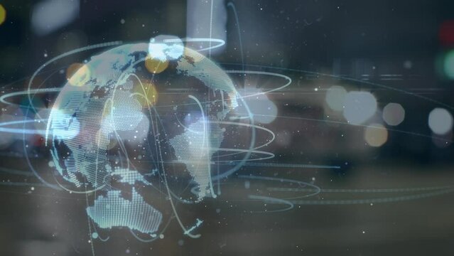 Animation of globe and network of connections over bokeh city lights at night in background