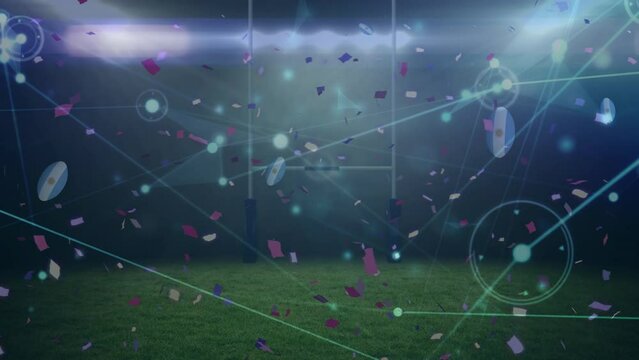 Animation of falling rugby balls and network of connections over floodlit rugby pitch at night