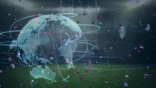 Animation of falling rugby balls with globe and network of connections over floodlit rugby pitch